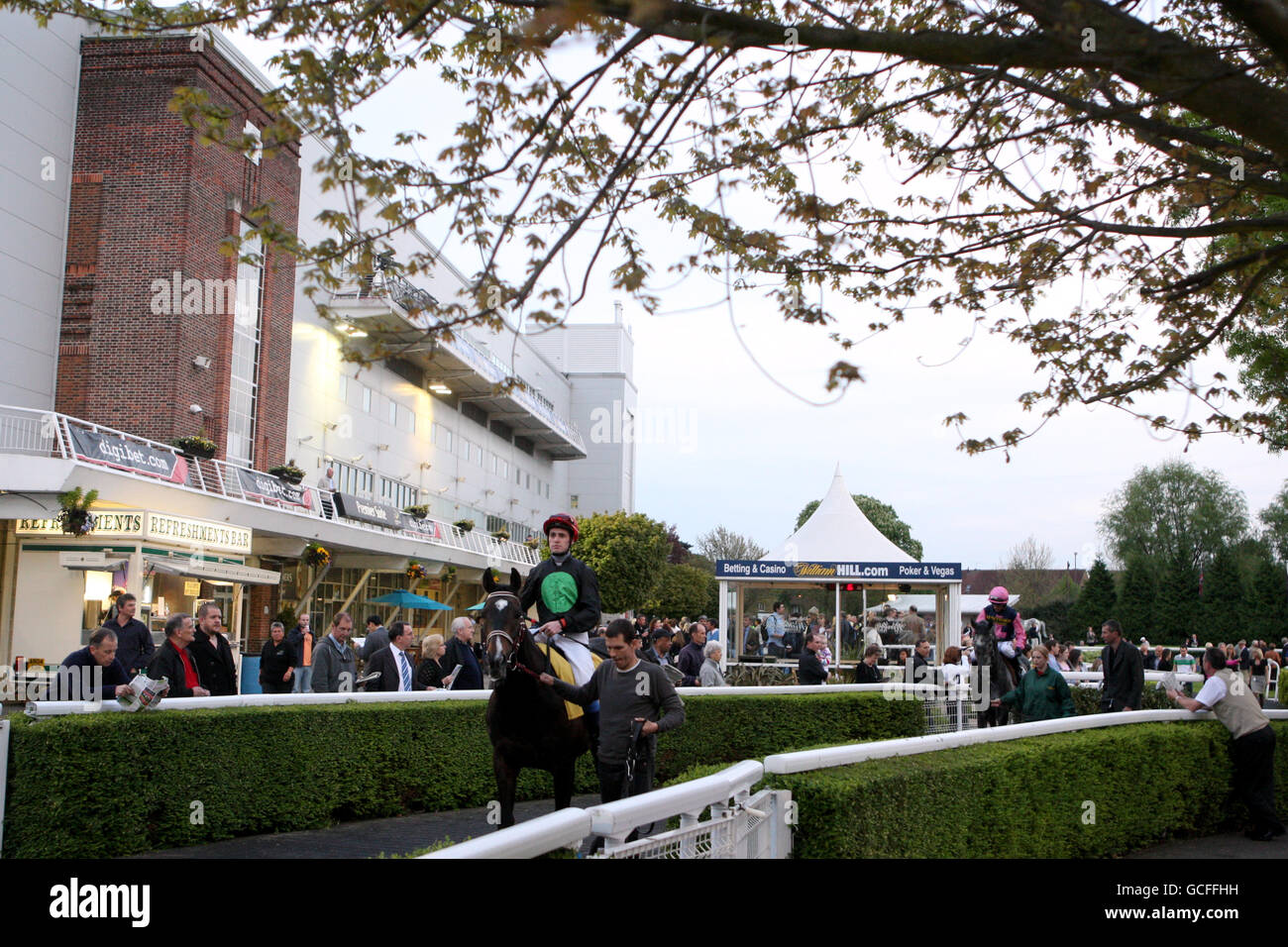 Course de la coupe du peuple - course pour le changement.Ace resplendent monté par Jean Pierre Guillambert marche autour de l'anneau de parade avant le digibet Sports Betting handicap Banque D'Images