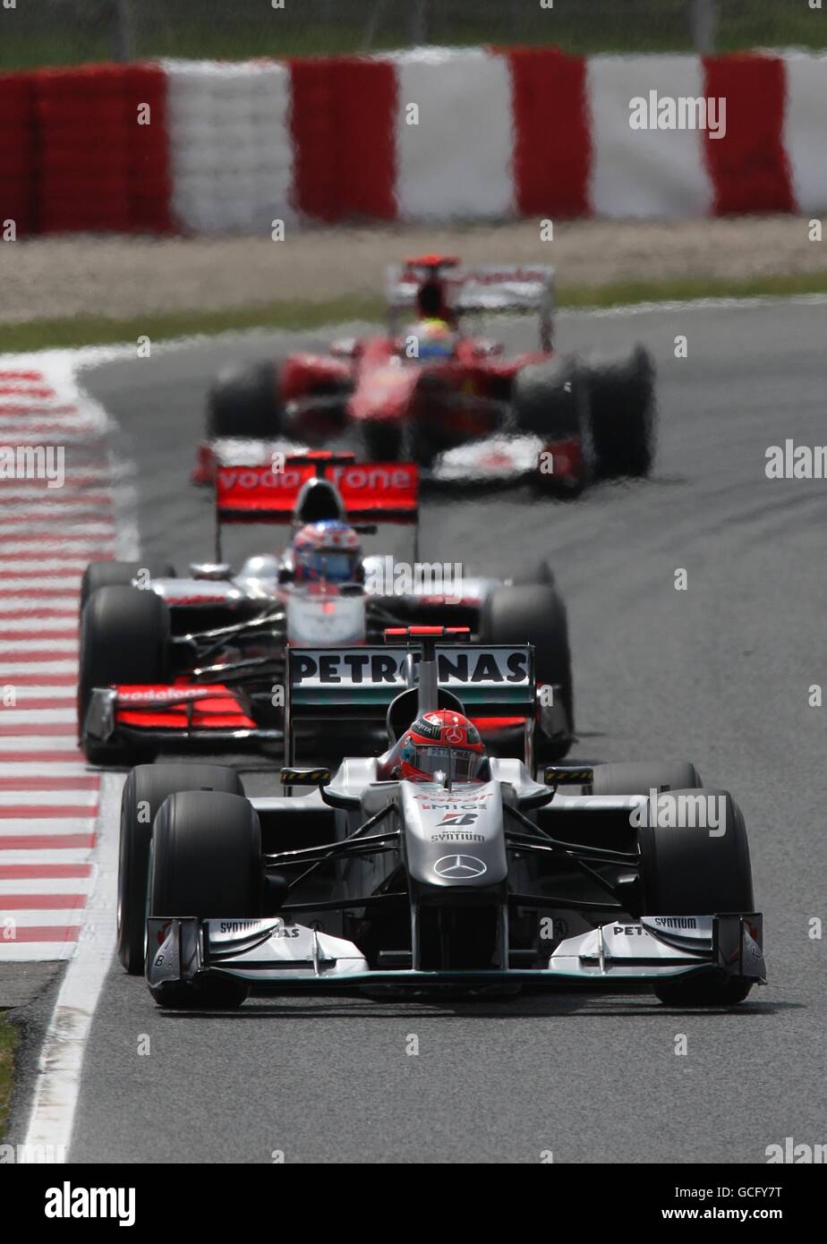 Course automobile Formula One - Grand Prix d'Espagne - circuit de Catalunya.Michael Schumacher (avant) de Mercedes dirige Jenson Button de McLaren et Felipe Massa de Ferrari lors du Grand Prix d'Espagne Banque D'Images