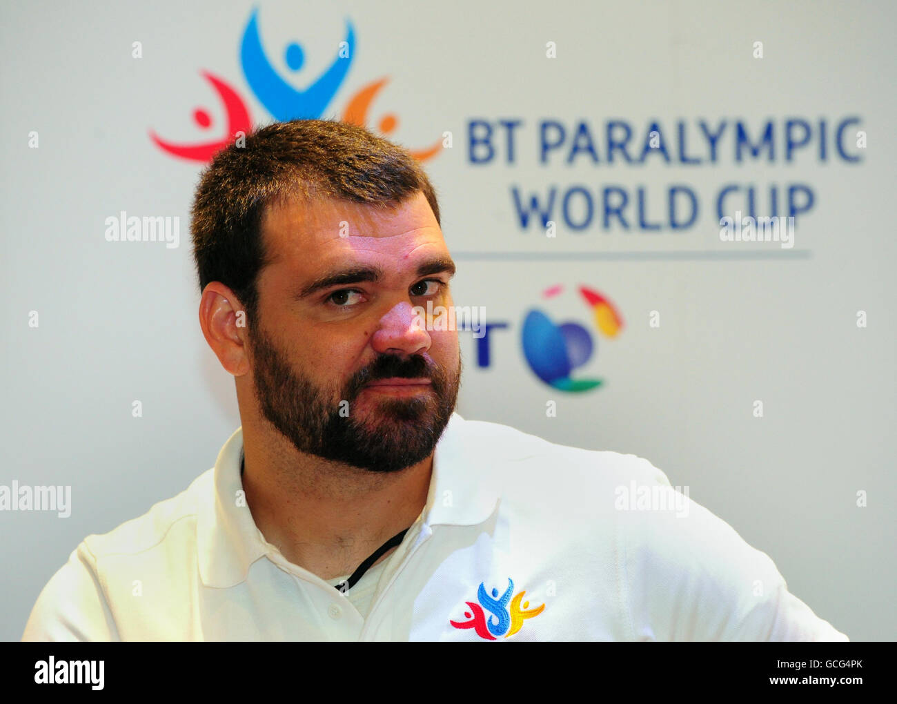 Josh McKinney, de l'Amérique, lors de la conférence de presse préparatoire de la coupe du monde paralympique au stade de Manchester, à Manchester. Banque D'Images