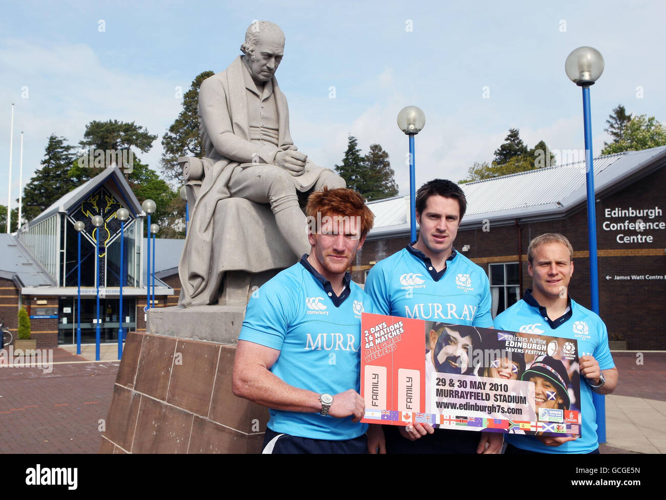 Scotland 7s internationalistes (de gauche à droite) Roddy Grant, John Houston et Andrew Turnbull pendant Emirates Airline Edinburgh 7s promotion photocall à l'Université Heriot-Watt, Édimbourg. Banque D'Images