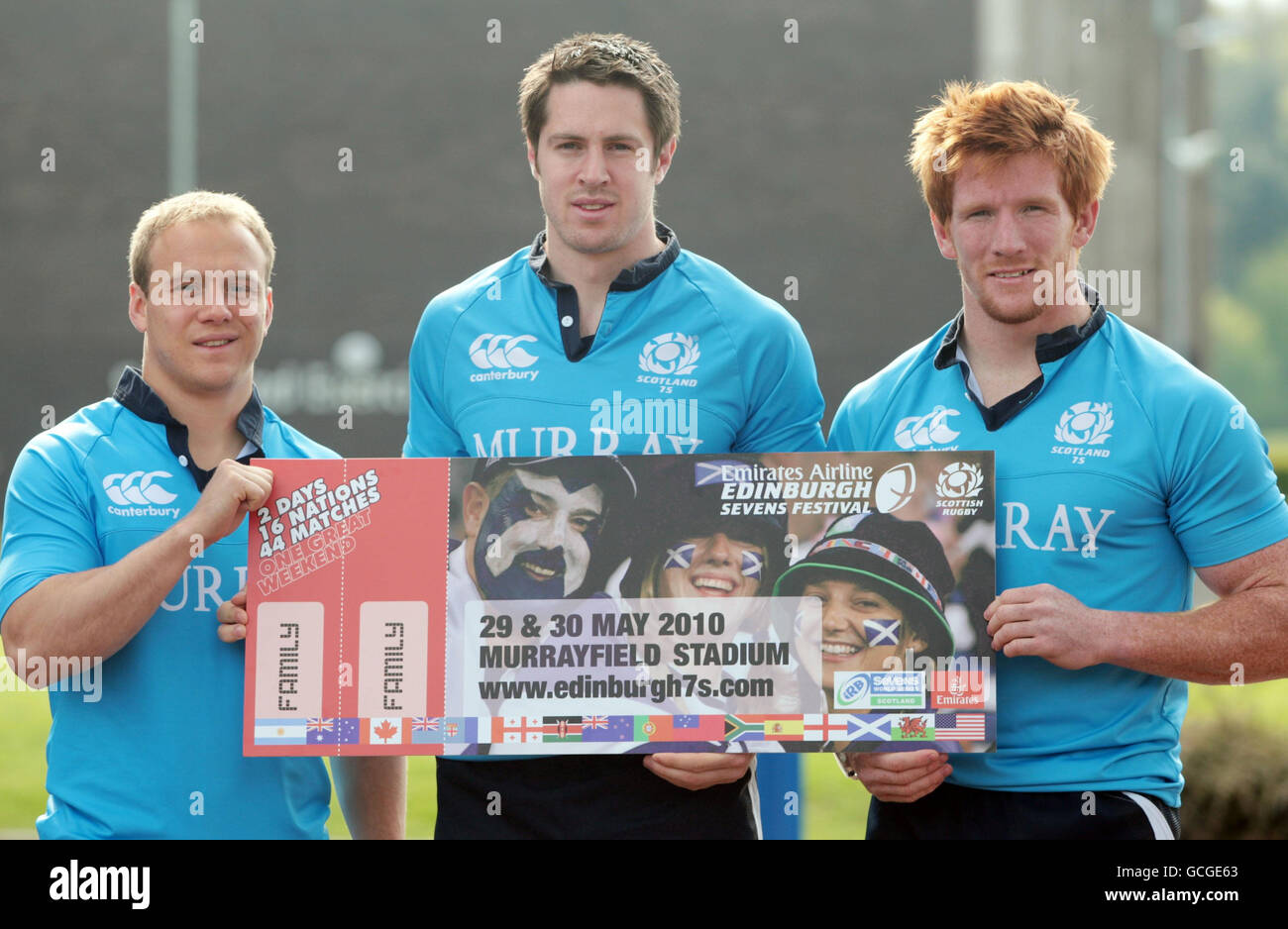 Scotland 7s internationalistes (de droite) Roddy Grant, John Houston et Andrew Turnbull pendant Emirates Airline Edinburgh 7s promotion photocall à Heriot-Watt University, Édimbourg. Banque D'Images