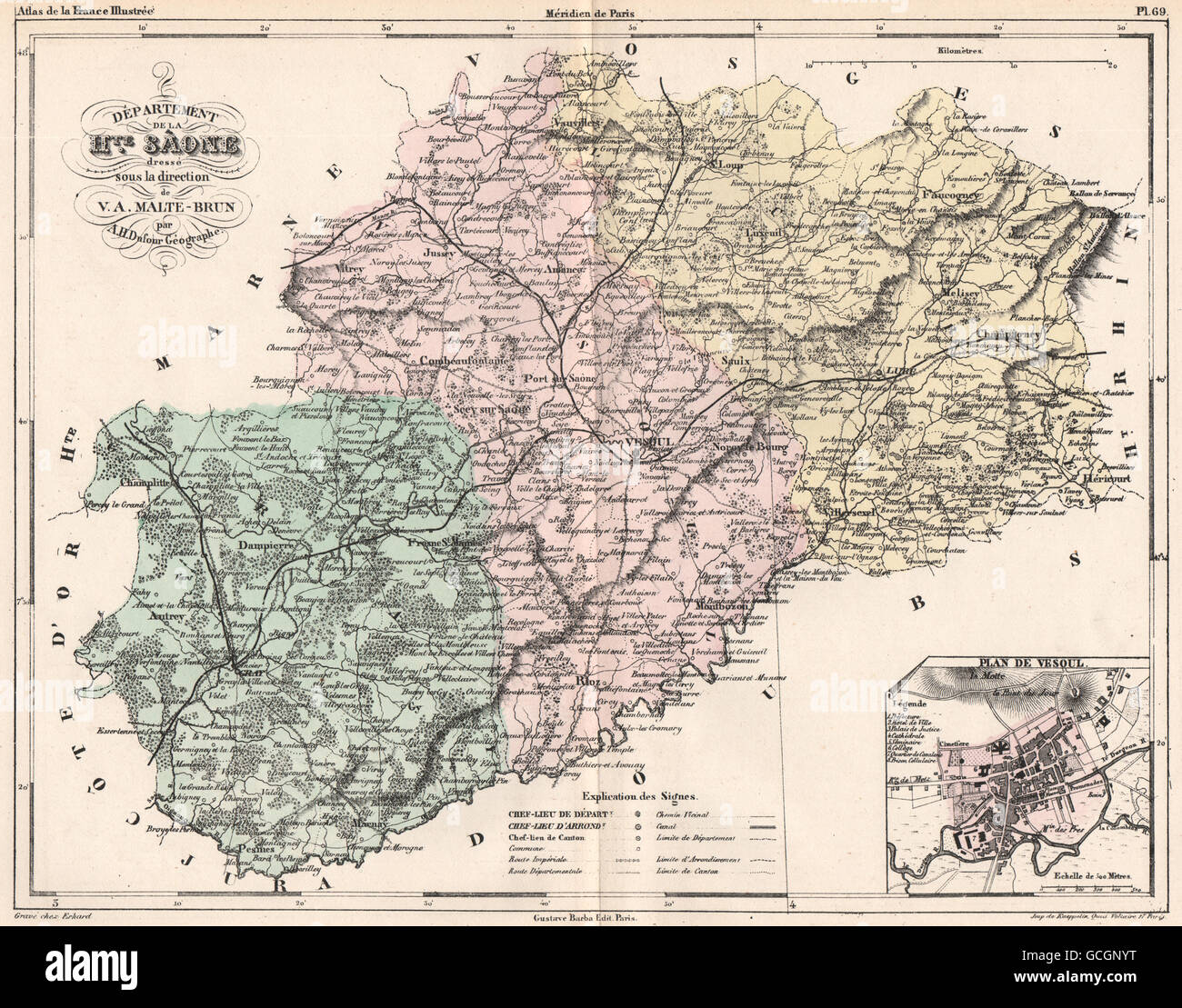 HAUTE-Saône. Carte du département. Saône. Plan de Vesoul. MALTE-BRUN, 1852 map Banque D'Images