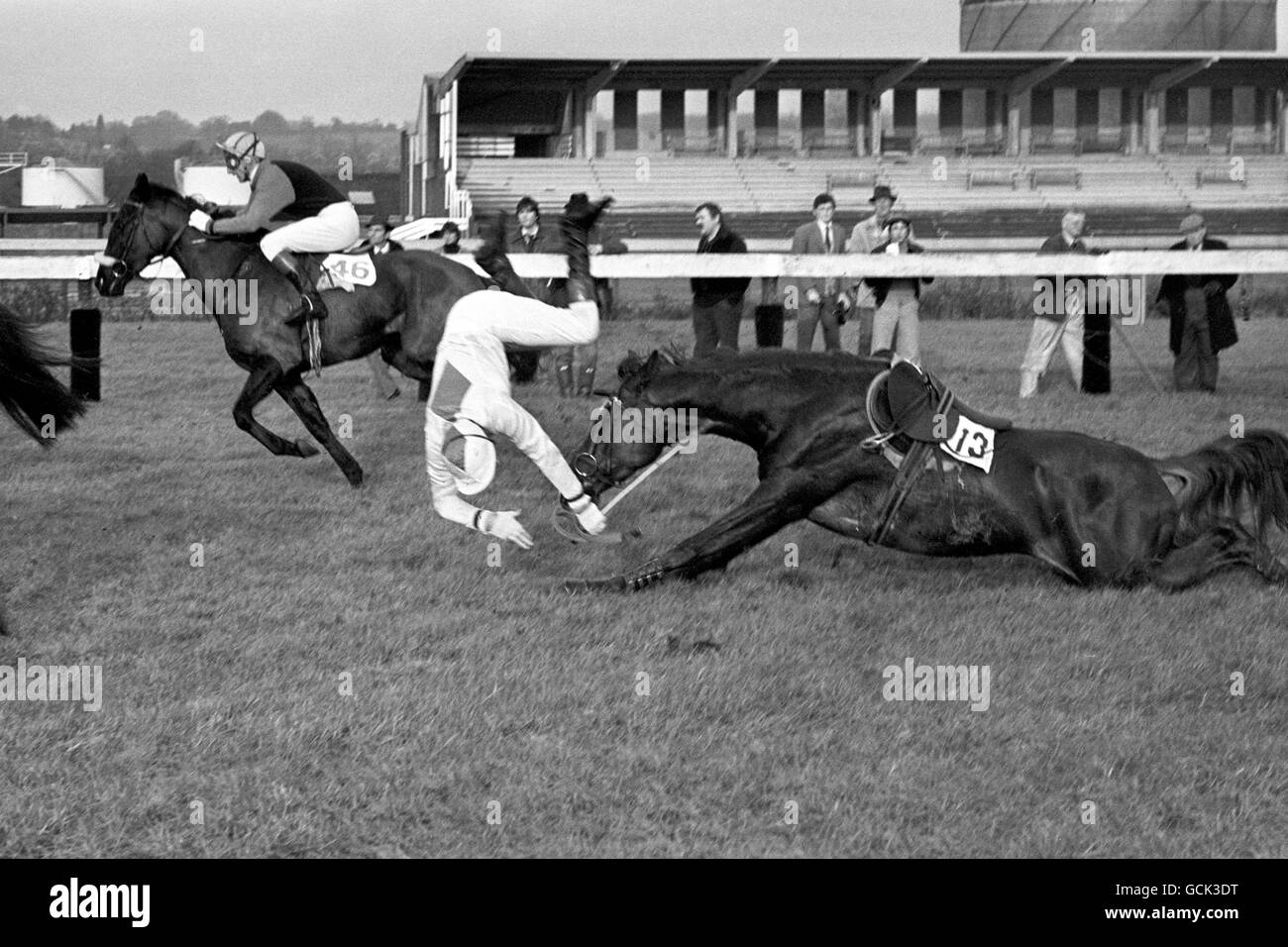 Jockey G. Lawson compagnie de pièces avec Horse court Lee pendant la course de haies de Challow Banque D'Images