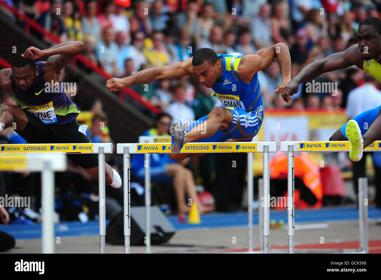 William Sharman, en Grande-Bretagne, en action dans les 110m haies pendant le Grand Prix de Grande-Bretagne d'Aviva au stade Gateshead, à Gateshead. Banque D'Images