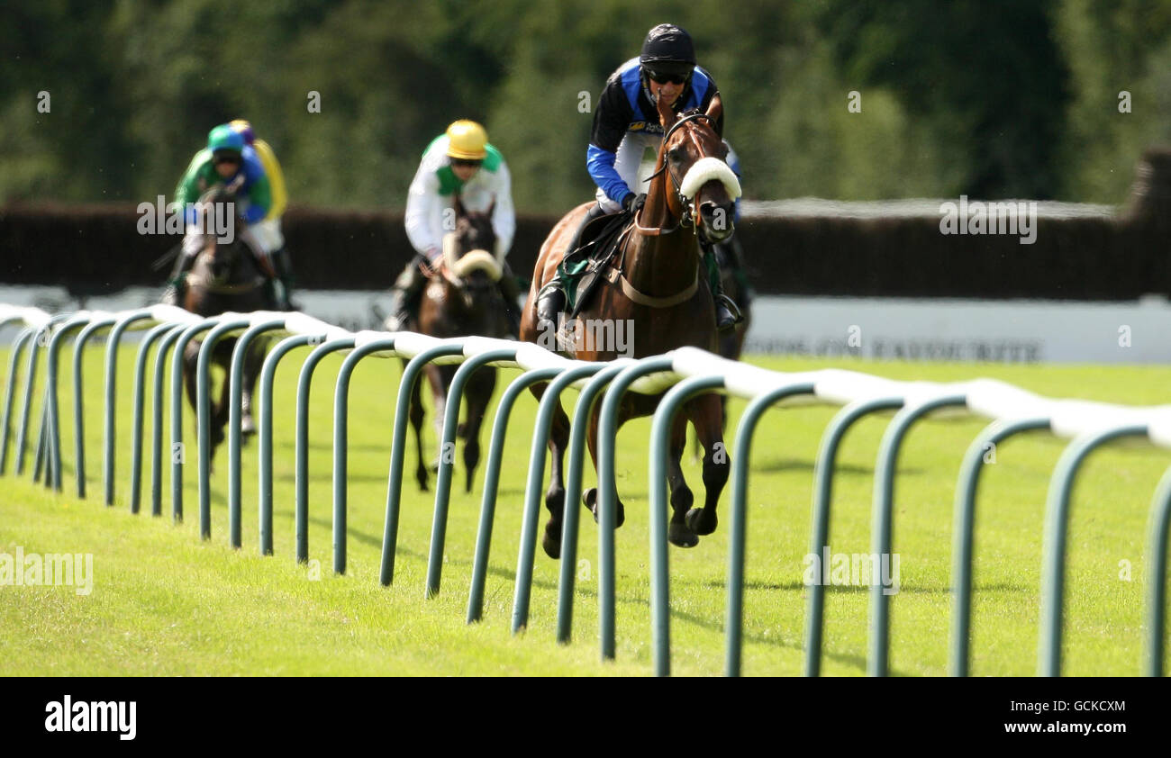 Picaron, monté par Dean Coleman, remporte le Steeple Chase de London Hill Dry Gin novices à l'hippodrome de Perth. Banque D'Images