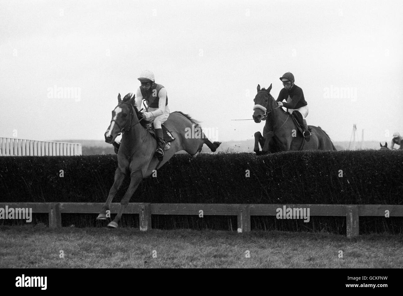 Red Candle, monté par Jimmy Fox, se dirige vers la victoire lors de la coupe d'or Hennessy Cognac à Newbury.Red Rum, monté par Brian Fletcher, est tout près Banque D'Images