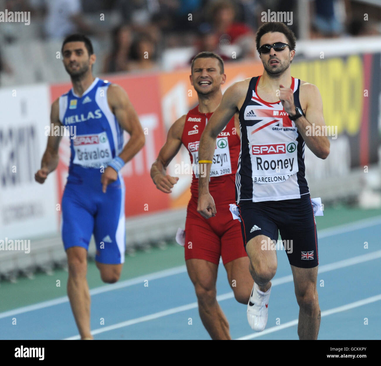 Martyn Rooney en Grande-Bretagne pendant les demi-finales du 400m masculin pendant le deuxième jour des championnats d'Europe au stade olympique de Barcelone, en Espagne. Banque D'Images