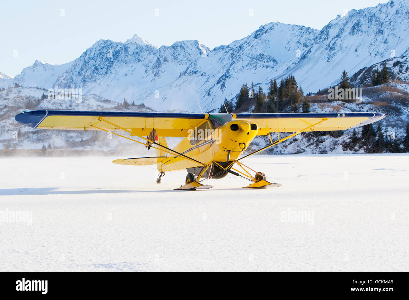 Piper PA-18 Super Cub sur les skis avec les montagnes en arrière-plan de Kenai, Southcentral Alaska. Banque D'Images