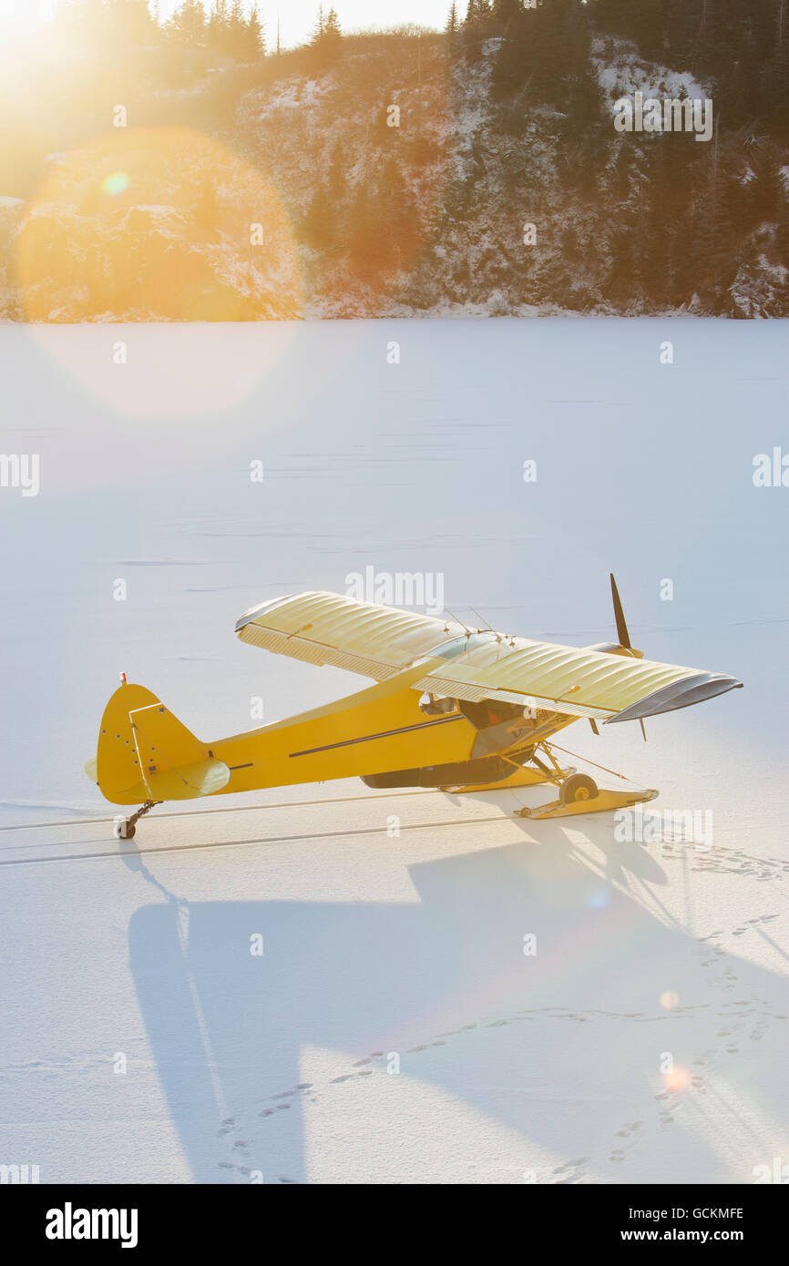 Piper PA-18 Super Cub sur skis, Southcentral Alaska. Banque D'Images