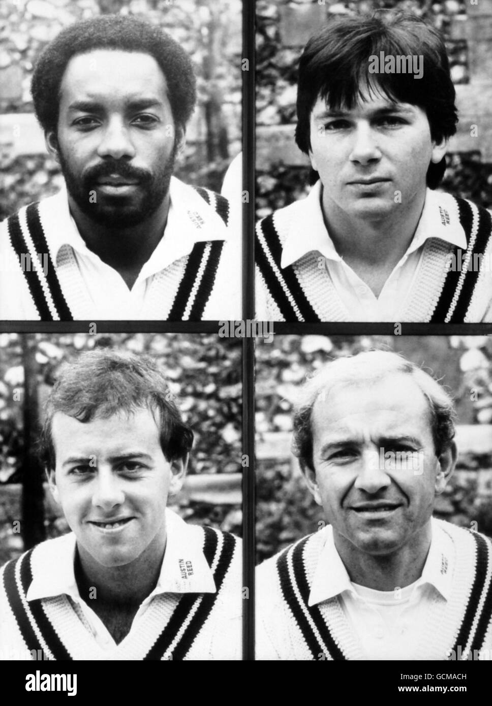 Membres de l'équipe de cricket du comté de Middlesex (en haut à gauche et à droite) Roland Butcher et Colin Metson (en bas à gauche et à droite) Simon Hughes et Graham barlow Banque D'Images