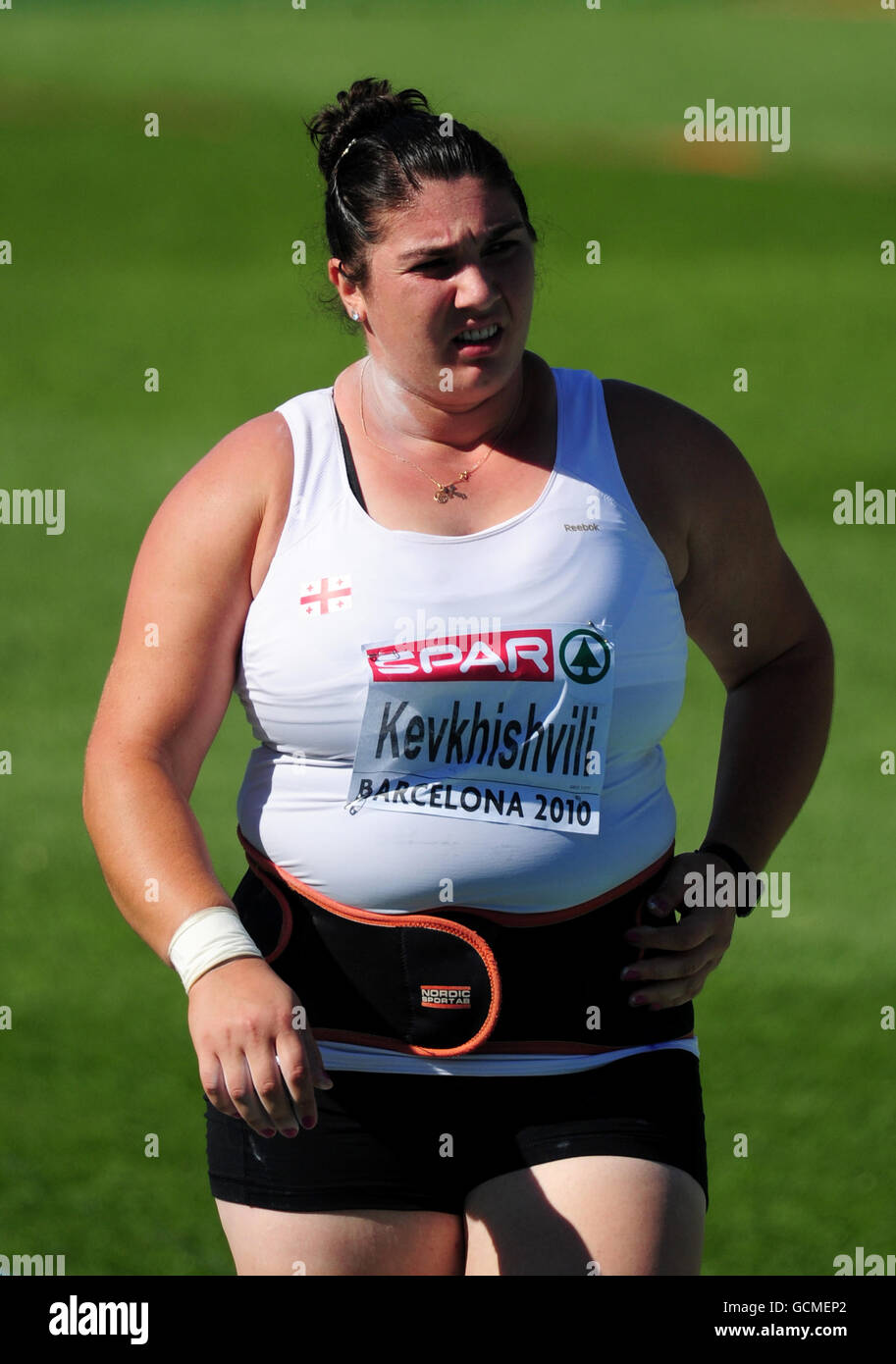 Athlétisme - Championnats d'Europe IAAF 2010 - première journée - Stade olympique.Mariam Kevkhishvili, en Géorgie, est en compétition avec le tir féminin effectué lors du premier jour des championnats européens d'athlétisme de l'IAAF à Barcelone Banque D'Images