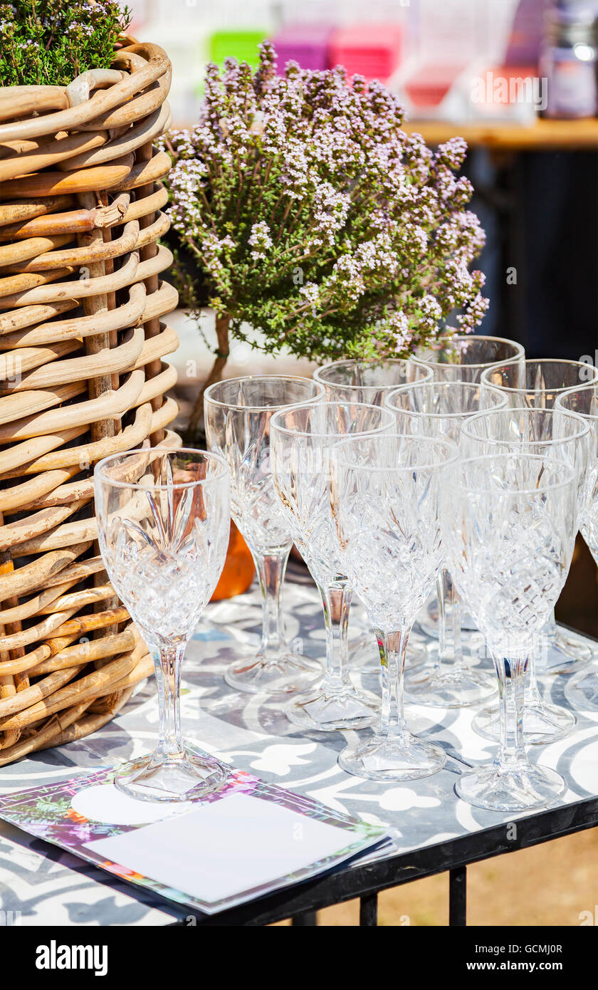 Au jardin vide wineglasses paty. Banque D'Images