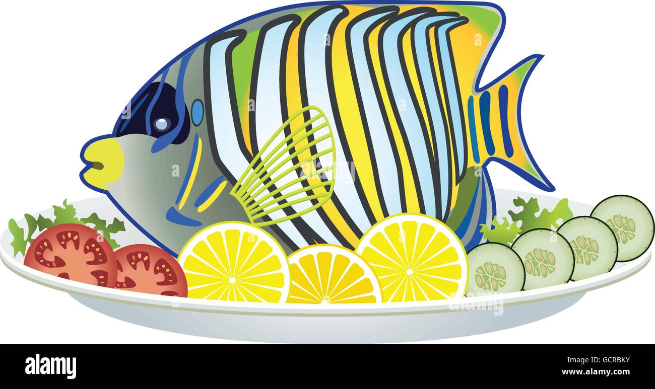 Le poisson cuit et les légumes sur une plaque Illustration de Vecteur