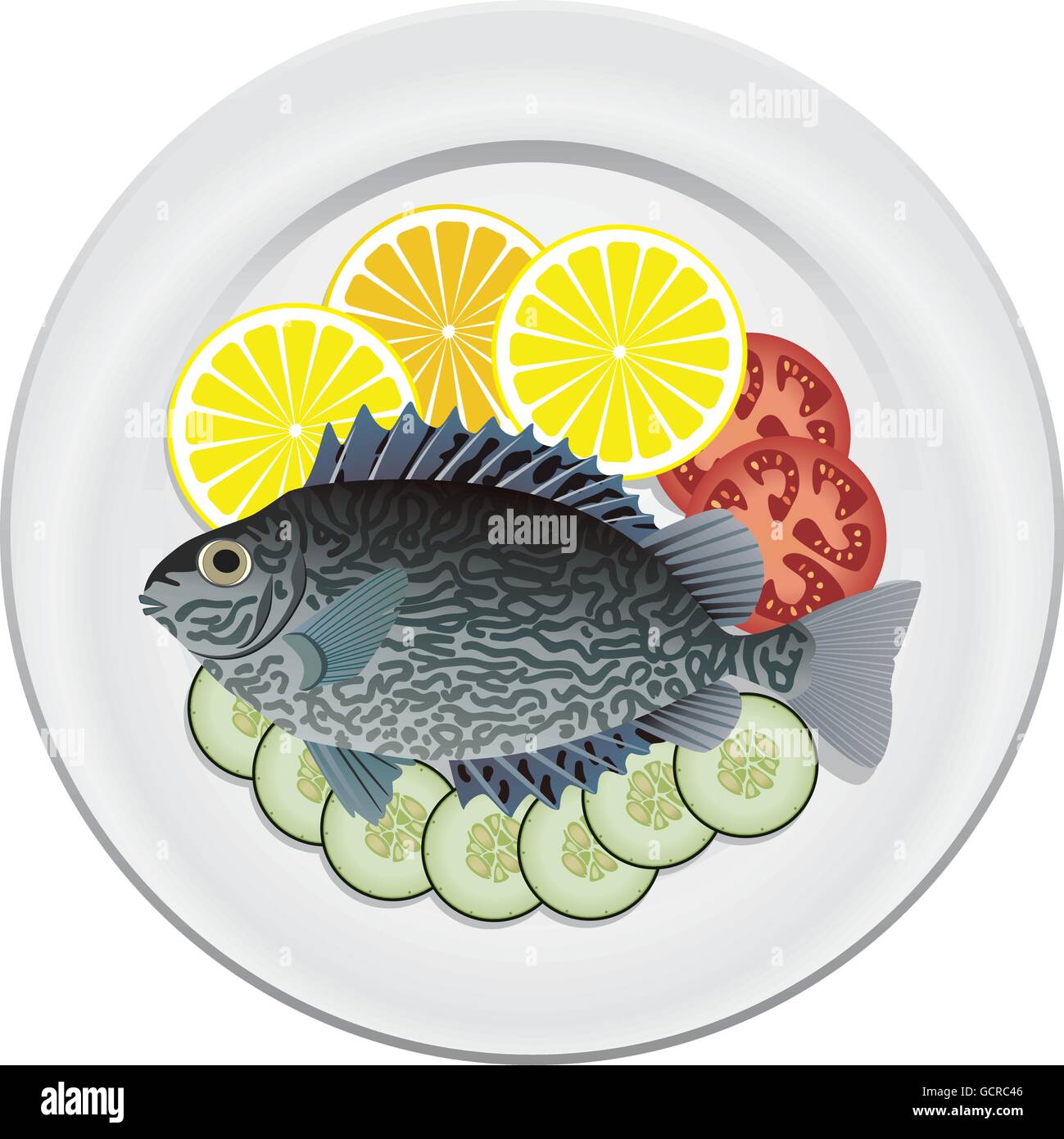 Le poisson cuit et les légumes sur une plaque Illustration de Vecteur