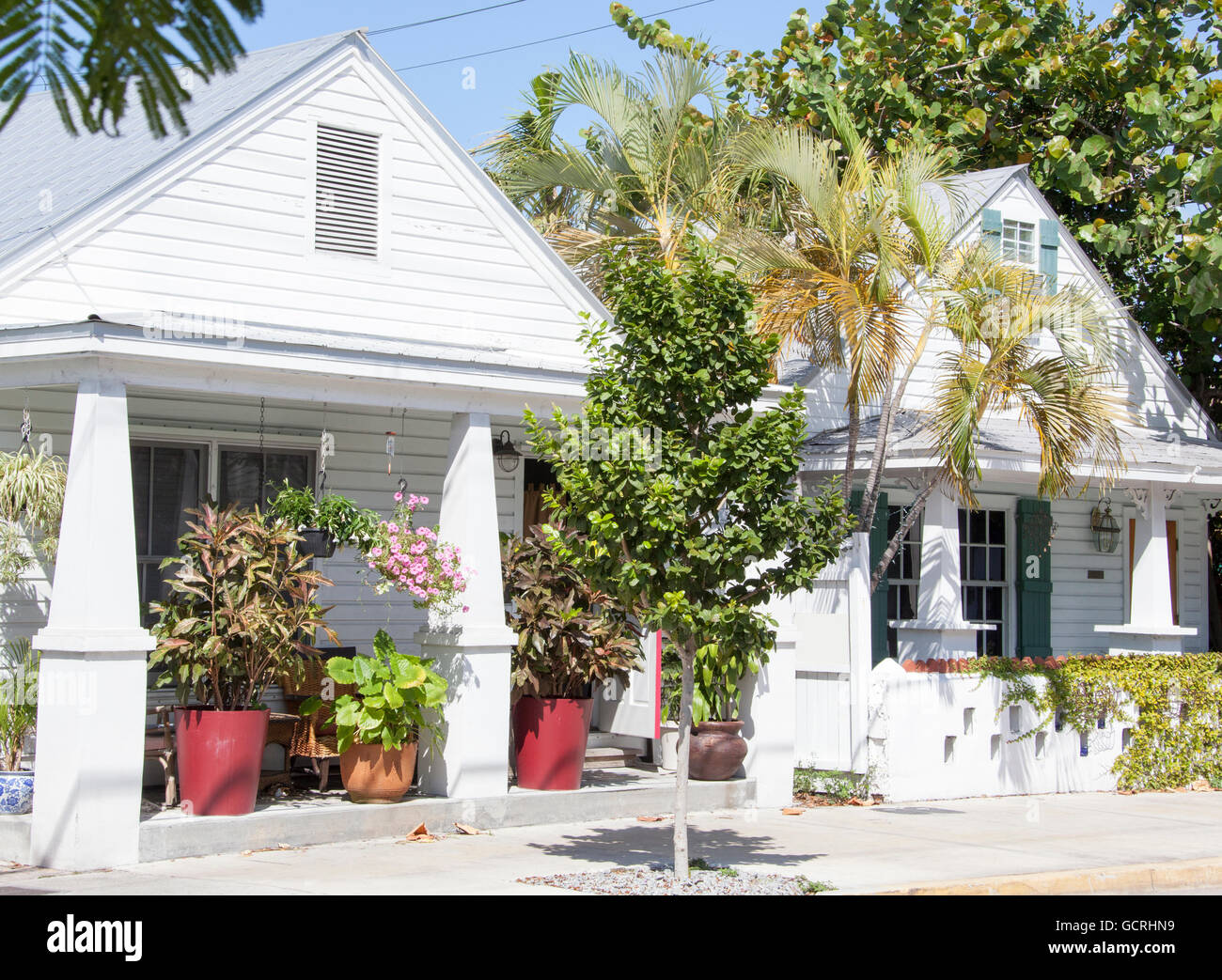 Maisons en bois couleur blanc plein de verdure dans la ville de Key West (Floride). Banque D'Images