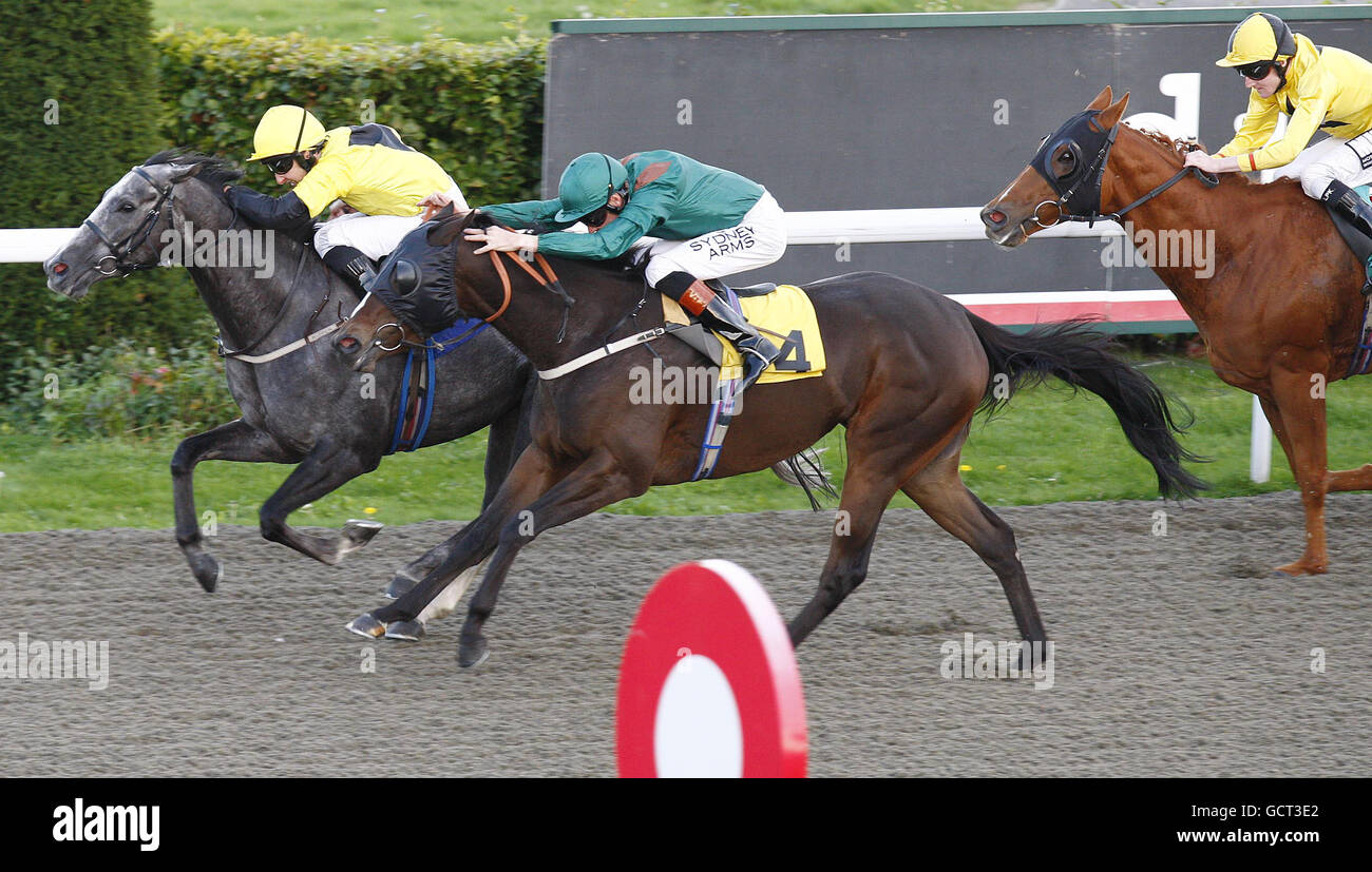 Duc de Rainford, monté par Tony Culhane (à gauche), remporte le Kia Sportage handicap à l'hippodrome de Kempton. Banque D'Images