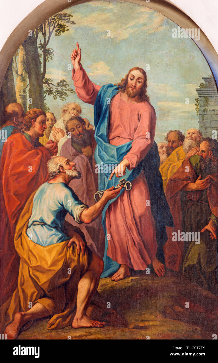 BRESCIA, ITALIE - 22 MAI 2016 : la peinture Jésus confiant les clefs à Pierre à l'église Chiesa di Santa Maria dei Miracoli Banque D'Images BRESCIA, ITALIE - 22 MAI 2016 : la peinture Jésus confiant les clefs à Pierre à l'église Chiesa di Santa Maria dei Miracoli Banque D'Images