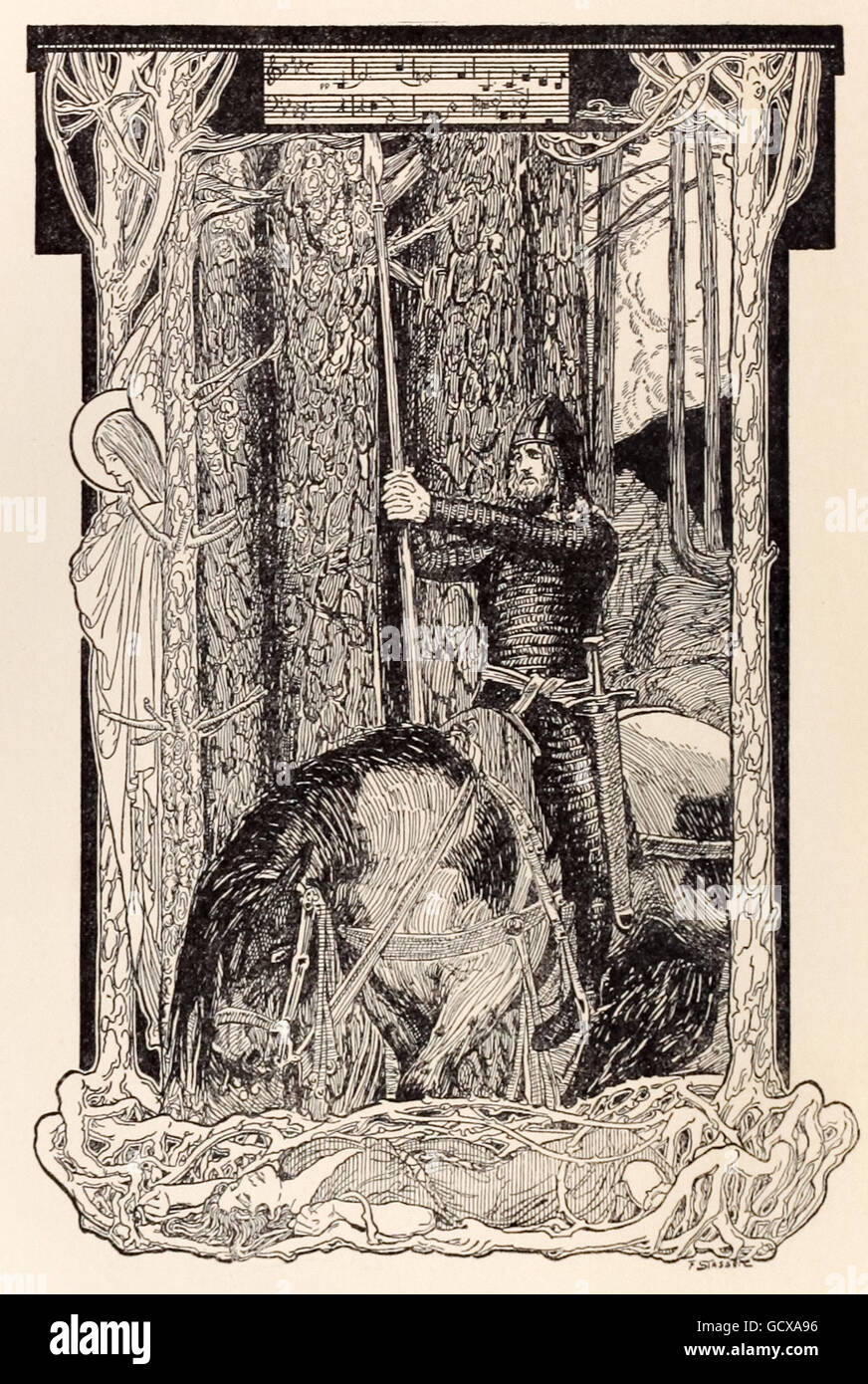 "Parsifal en quête du saint Graal." Franz Stassen (1869-1949) illustration pour "Parsifal" de Richard Wagner (1813-1883). Voir la description pour plus d'informations. Banque D'Images