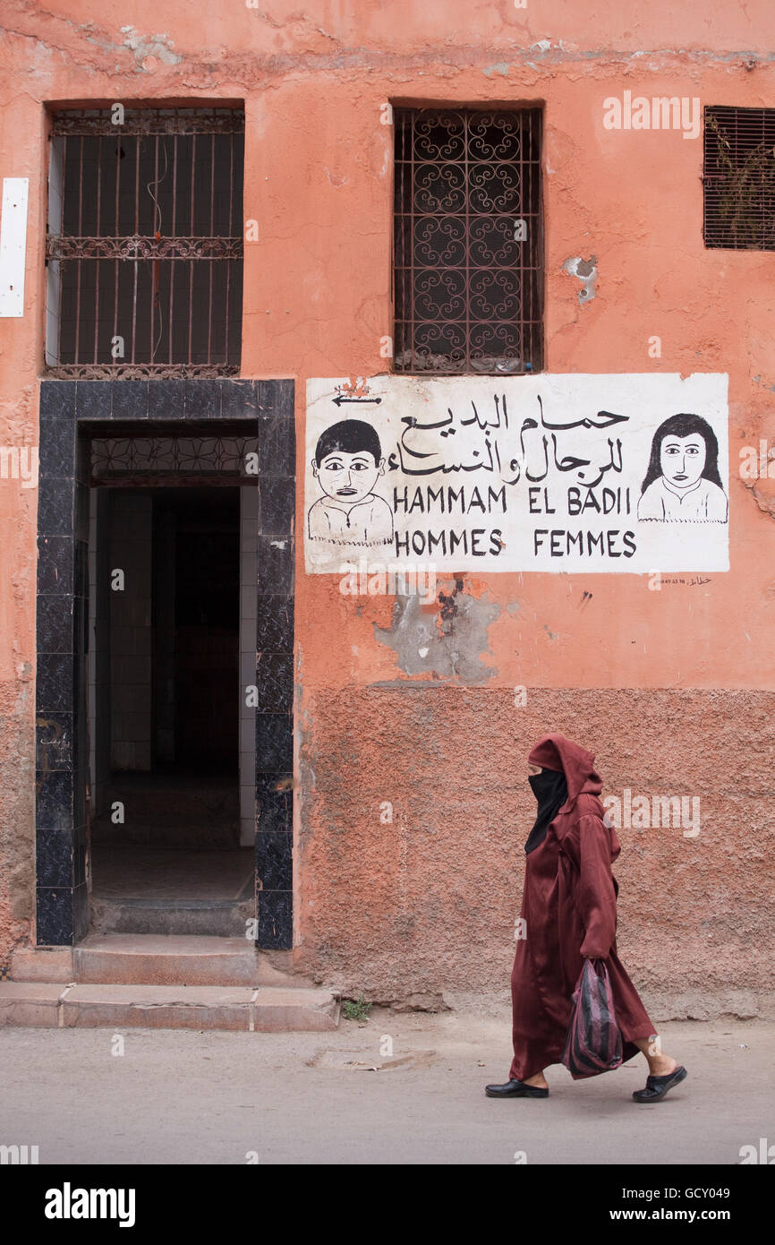 Entrée d'un hammam, un bain turc, Marrakech, Maroc, Afrique Banque D'Images
