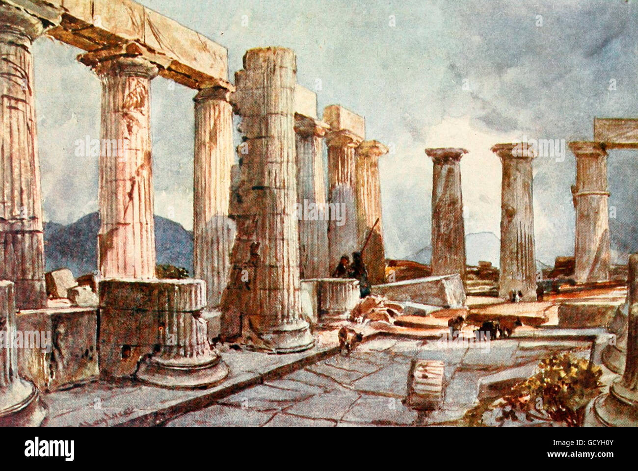 Intérieur du temple d'Apollon à Bassae dans Arcadia. La Grèce, vers 1906 Banque D'Images