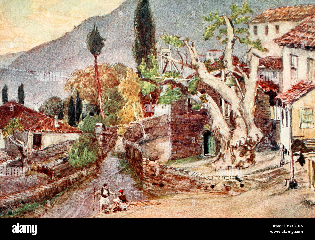 Andritsaena : le lieu de repos pour le Temple d'Apollon à Bassae. La Grèce, vers 1906 Banque D'Images