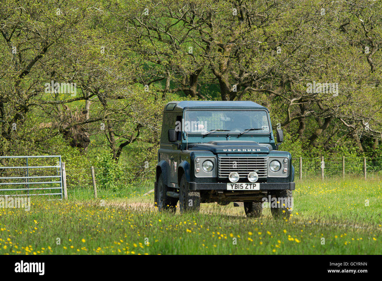 Farmer la conduite d'un Land Rover Defender sur un champ, Lancashire, Royaume-Uni. Banque D'Images