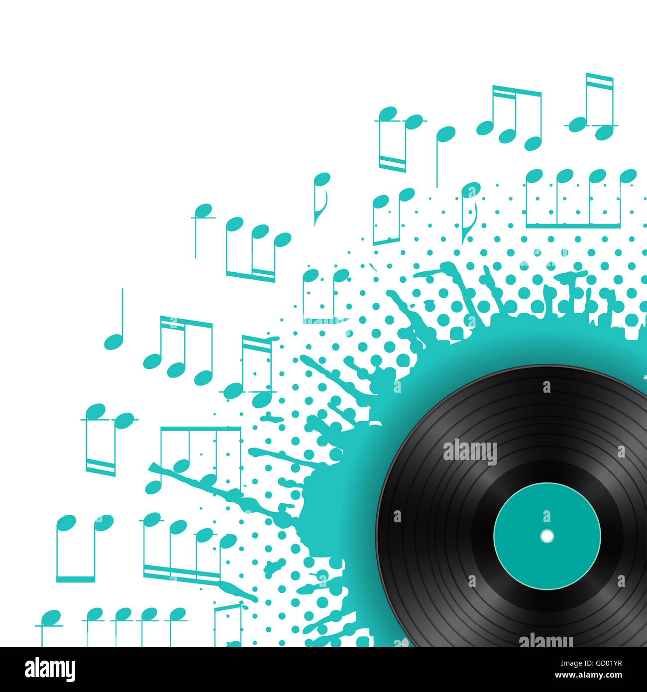 Disque vinyle avec color splash avec des notes de musique sur fond blanc. Abstract design audio modèle avec blue blot. Banque D'Images