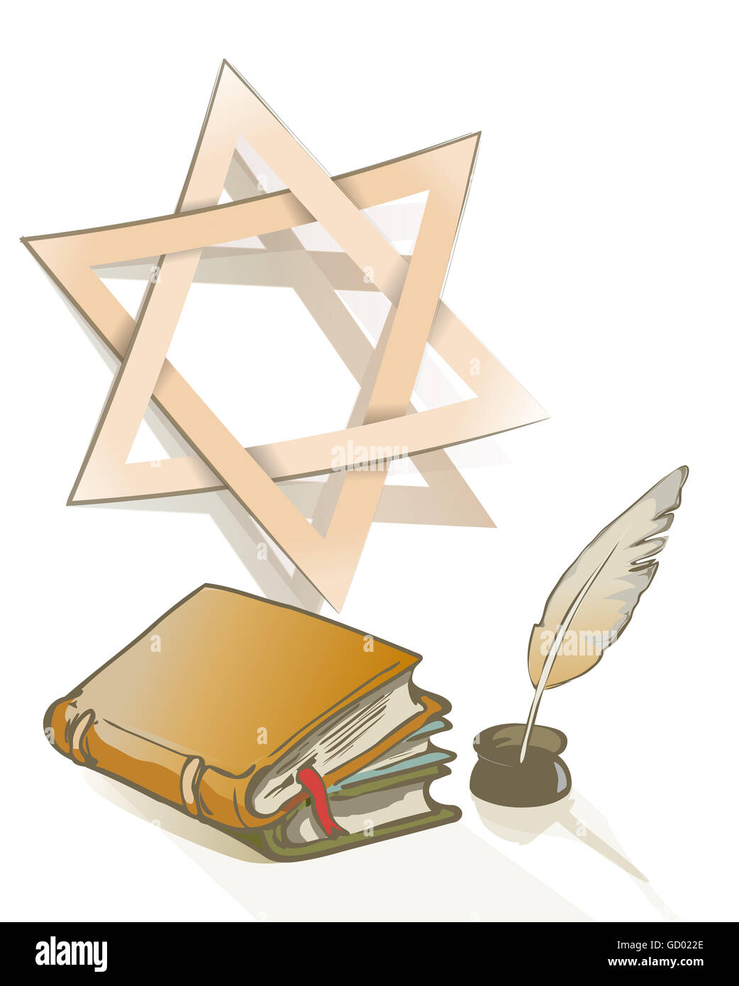 Livres anciens et de plume et étoile de David signe en tant que symbole de la religion judaïque sur un thème des connaissances Banque D'Images