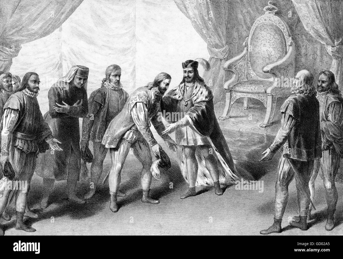 Vasco de Gama. L'explorateur portugais, Vasco da Gama, premier comte de Vidigueira (ch. 1460-1524), être accueilli par le roi Manuel I en 1499 après son retour de découvrir la première route maritime de l'Inde. Banque D'Images