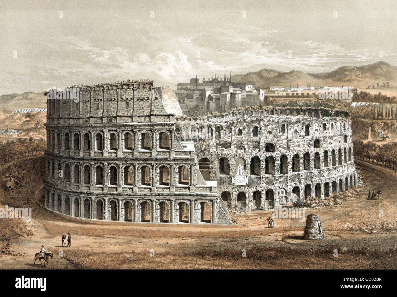Colossseum à Rome.19e siècle illustration "structure d'origine et état détérioré". Lithographie publiée par une grue O et CO en 1872. Banque D'Images