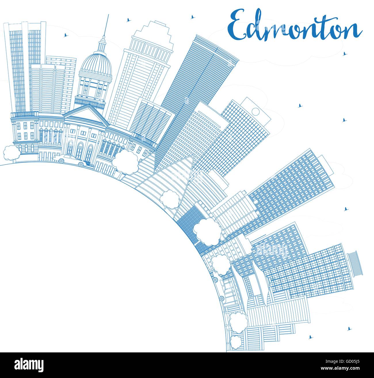 Edmonton contour bleu horizon avec les bâtiments et l'espace de copie. Vector Illustration. Les voyages d'affaires et tourisme Concept Illustration de Vecteur