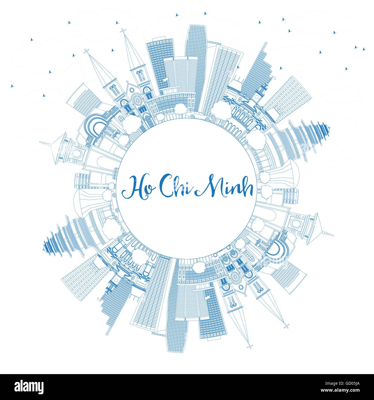 Ho Chi Minh contour bleu horizon avec les bâtiments et l'espace de copie. Vector Illustration. Les voyages d'affaires et tourisme Concept Illustration de Vecteur