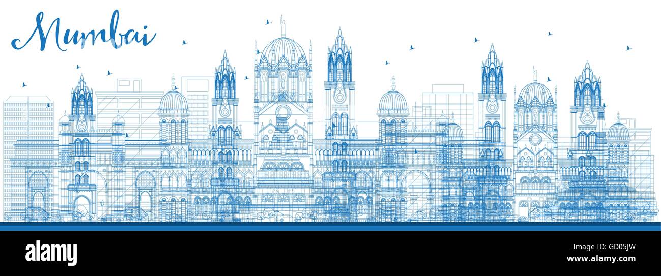 Mumbai contour bleu horizon avec repères. Vector Illustration. Les voyages d'affaires et tourisme Concept avec des bâtiments historiques. Illustration de Vecteur