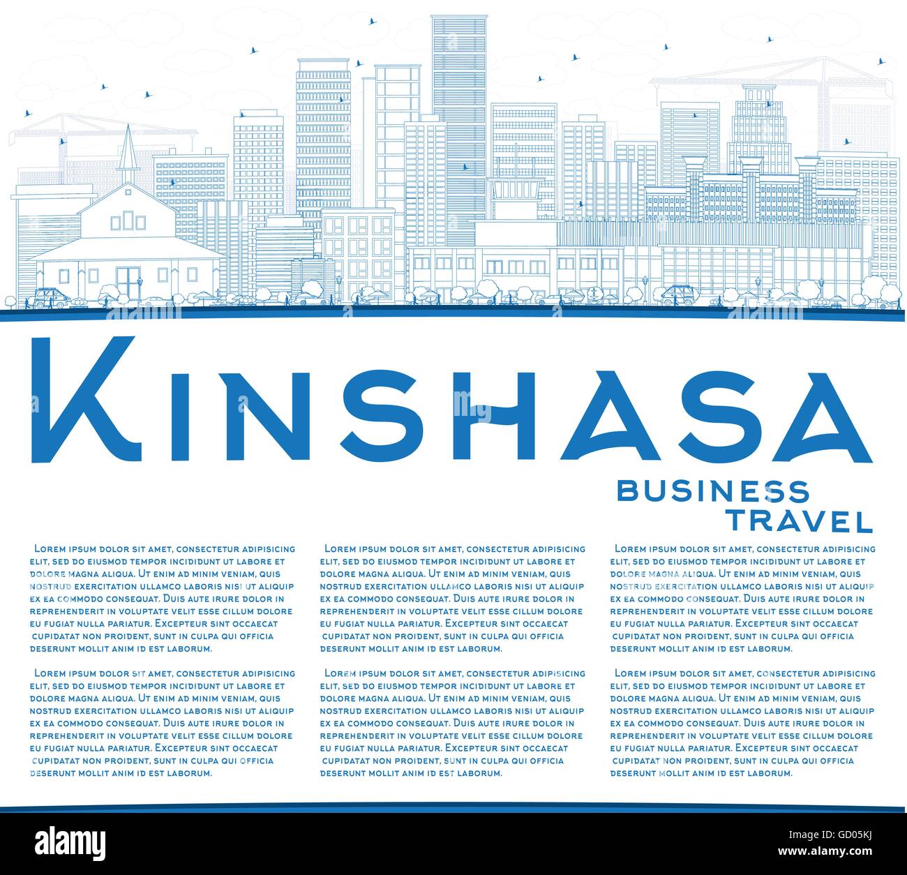 Kinshasa contour bleu horizon avec les bâtiments et l'espace de copie. Vector Illustration. Les voyages d'affaires et tourisme Concept Illustration de Vecteur