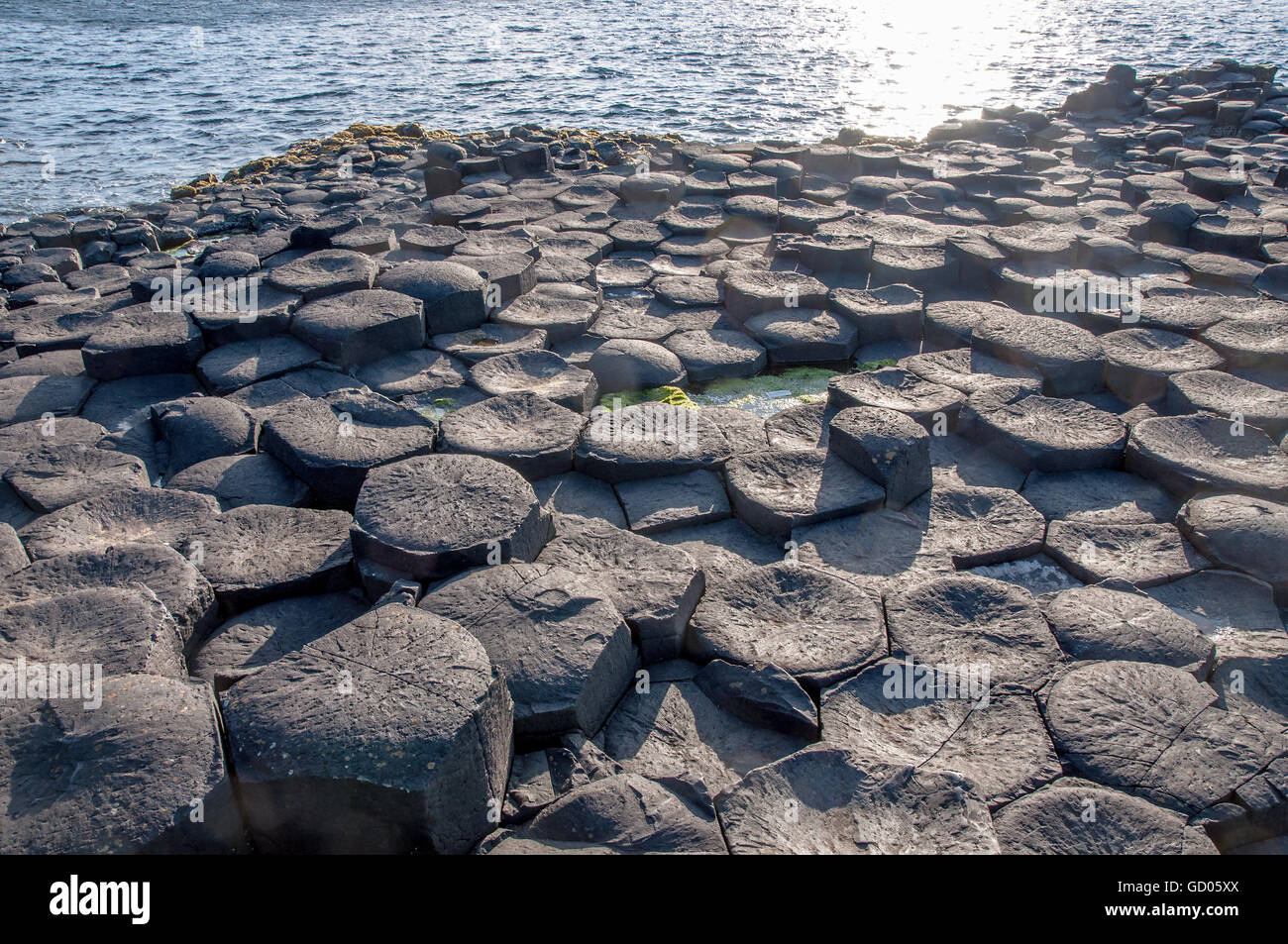 Chaussée des Géants formations hexagonales géologique unique sur la côte dans le comté d'Antrim, en Irlande du Nord, au Royaume-Uni, dans la lumière au coucher du soleil. Banque D'Images