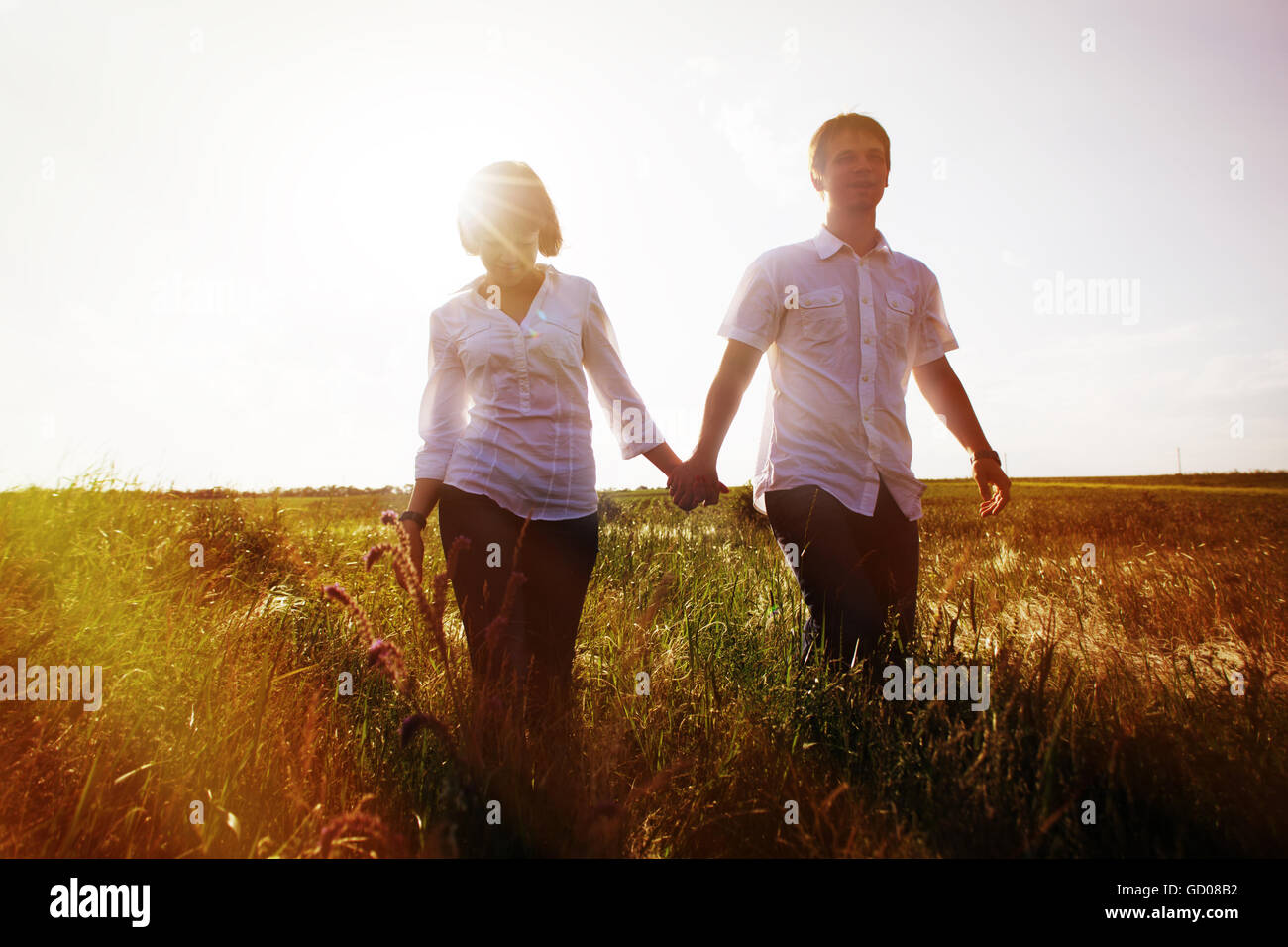 Heureux couple holding hands marche à travers un pré, photo teinté Banque D'Images