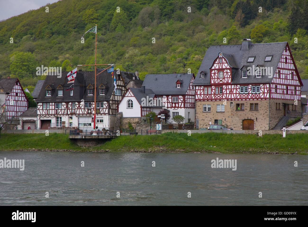 Situé sur le Rhin, au cœur de la région du Rheingau, Rudesheim est la zone centre du vin et de la vinification. Banque D'Images