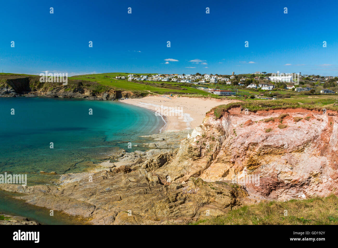 Thurlestone village et les LEA Pied plage de sable fin, Devon, England, UK Banque D'Images