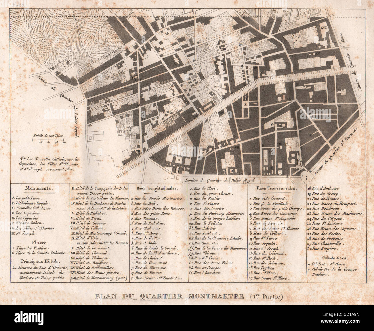 PARIS : "Montmartre" (1/sud) . Quartier. Gaillon. Vivienne. La Poste. 2e 9e, carte de 1808 Banque D'Images
