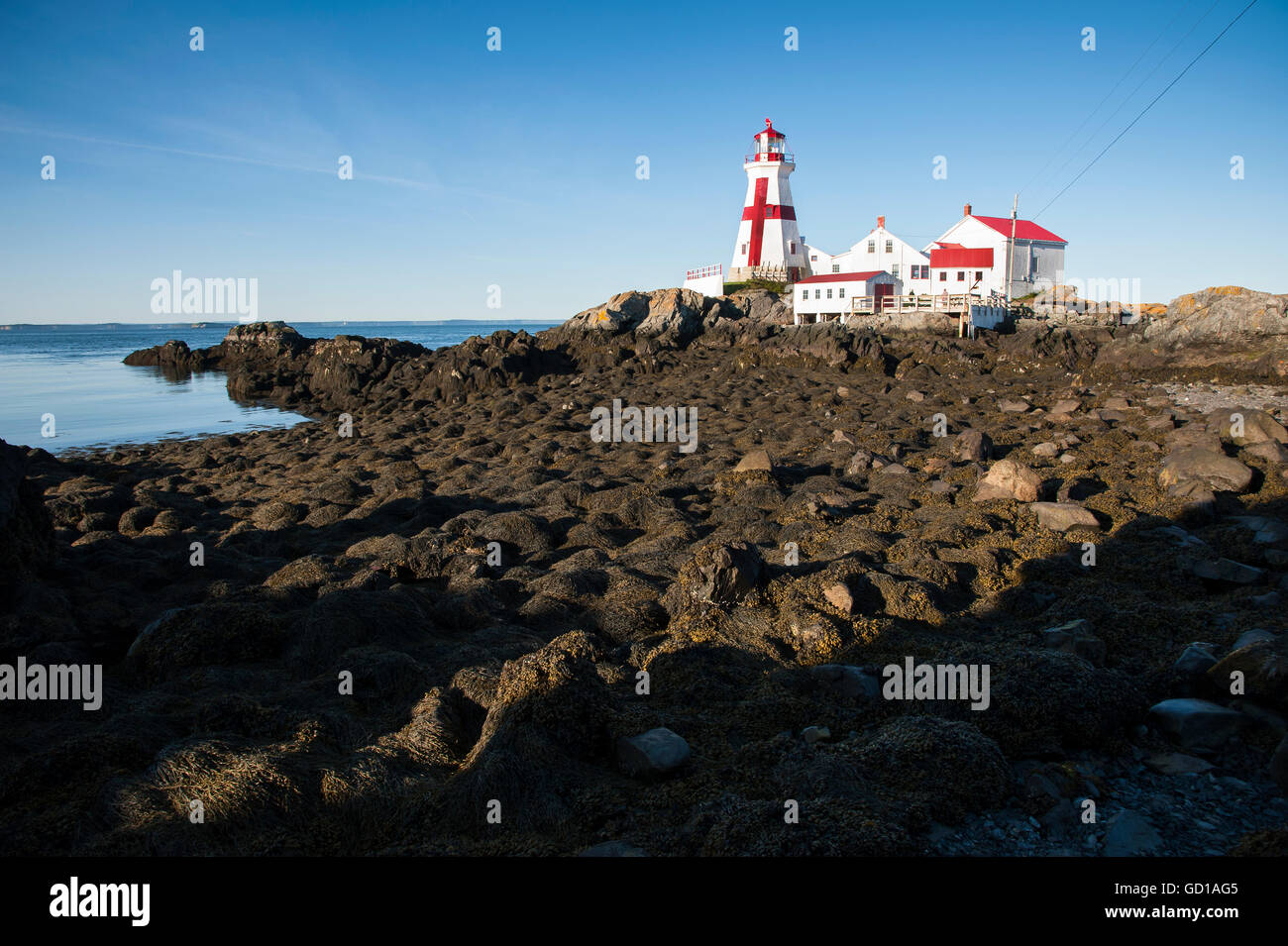 Phare de Head Harbour au Canada avec sa croix à marée basse. Les marées les plus faibles de la côte Est sont situés ici. Banque D'Images