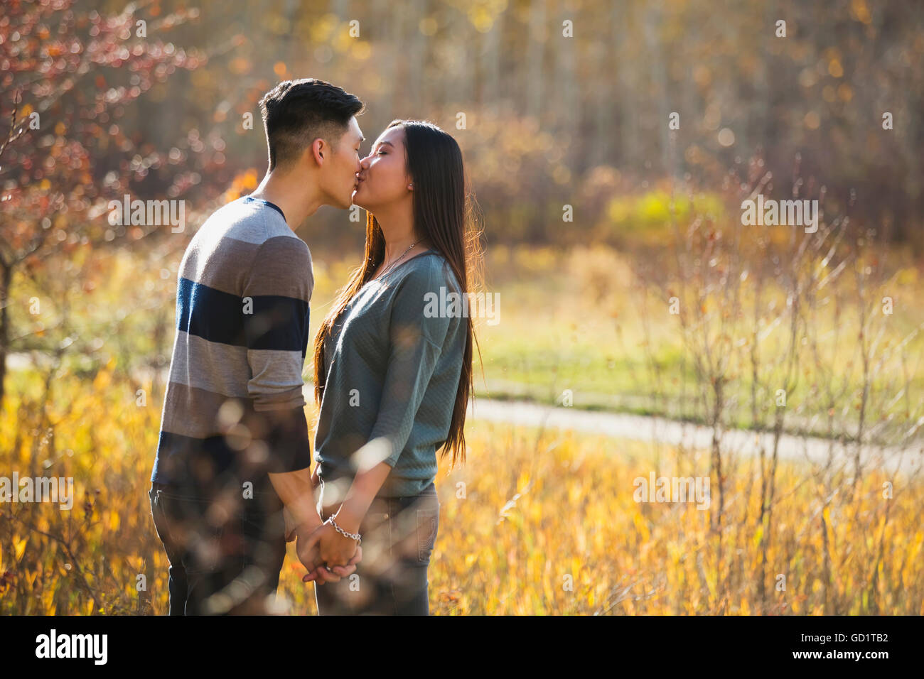 Un jeune couple asiatique appréciant Un séjour romantique ensemble en plein air dans Un parc en automne et se baiser dans la chaleur de la lumière du soleil... Banque D'Images