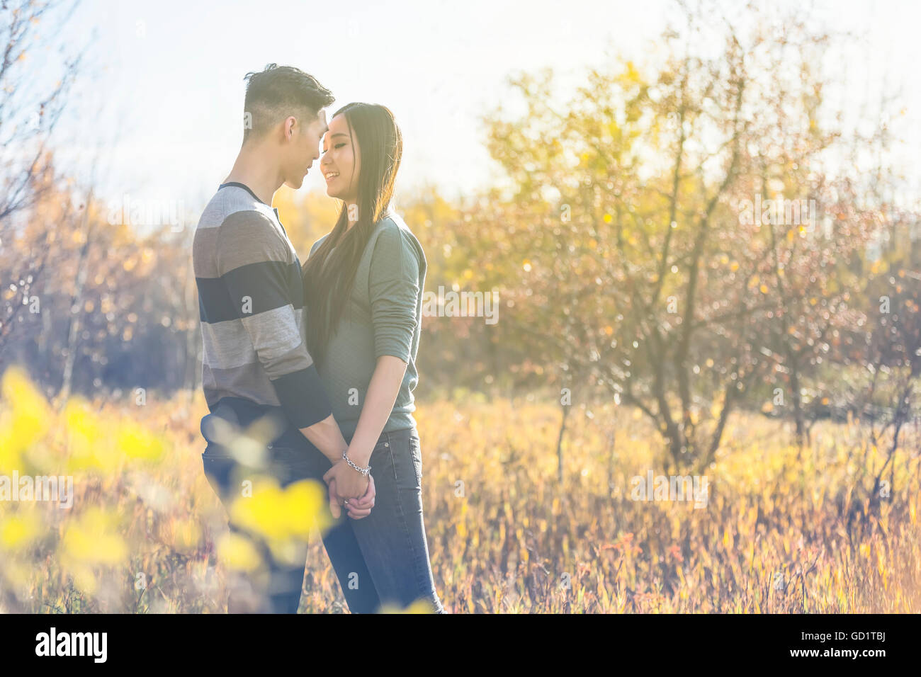 Un jeune couple asiatique appréciant des moments de qualité ensemble en plein air dans Un parc en automne et tenant les mains dans la chaleur de la lumière du soleil pendant le début E... Banque D'Images