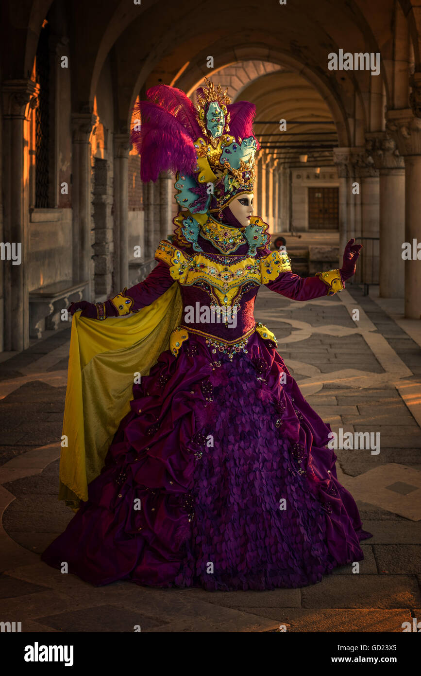 Costume et masque pendant le Carnaval de Venise, Venise, UNESCO World Heritage Site, Vénétie, Italie, Europe Banque D'Images
