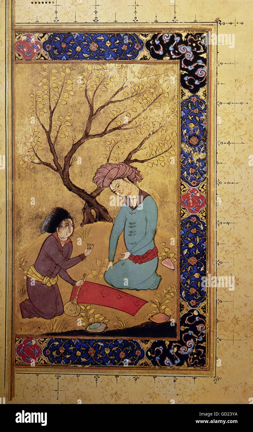Beaux-arts, l'art islamique, la Perse, peinture, médecin offrant un élixir pour un prince, miniature à partir d'un script médical, vers 1480, Paris, Bibliothèque nationale , n'a pas d'auteur de l'artiste pour être effacé Banque D'Images