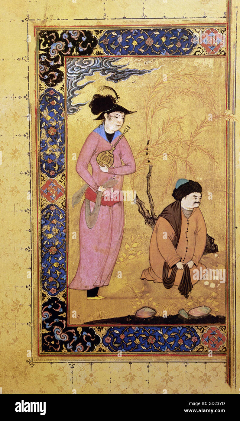 Beaux-arts, l'art islamique, la Perse, la peinture, l'approche d'Iskander son professeur Aristoteles avec une bouteille de vin, miniature à partir d'un script médical, vers 1480, Paris, Bibliothèque nationale , n'a pas d'auteur de l'artiste pour être effacé Banque D'Images