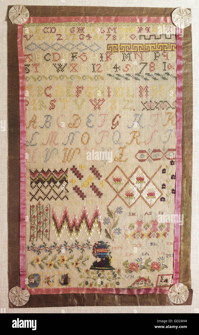 Beaux-arts, la broderie, le motif du tissu, fils de soie sur laine, couvent Nonnberg, Salzbourg, vers 1820/1830, Musée des Cultures Européennes, Berlin, , n'a pas d'auteur de l'artiste pour être effacé Banque D'Images