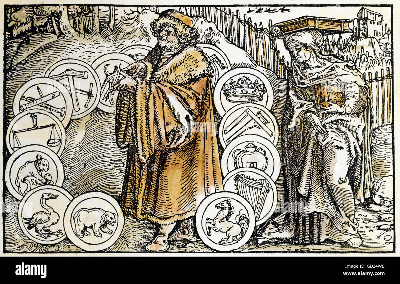 Education, caricature, 'Von der Gedaechtnis' (à propos de la mémoire), coupe de bois de Petarca Master (1532 - 1620) à 'Von der Artzney bayder Glueck' (de remesis utusque ae 1344/1366), de Francesco Petrarca (1304-1374), , droits additionnels-Clearences non disponibles Banque D'Images