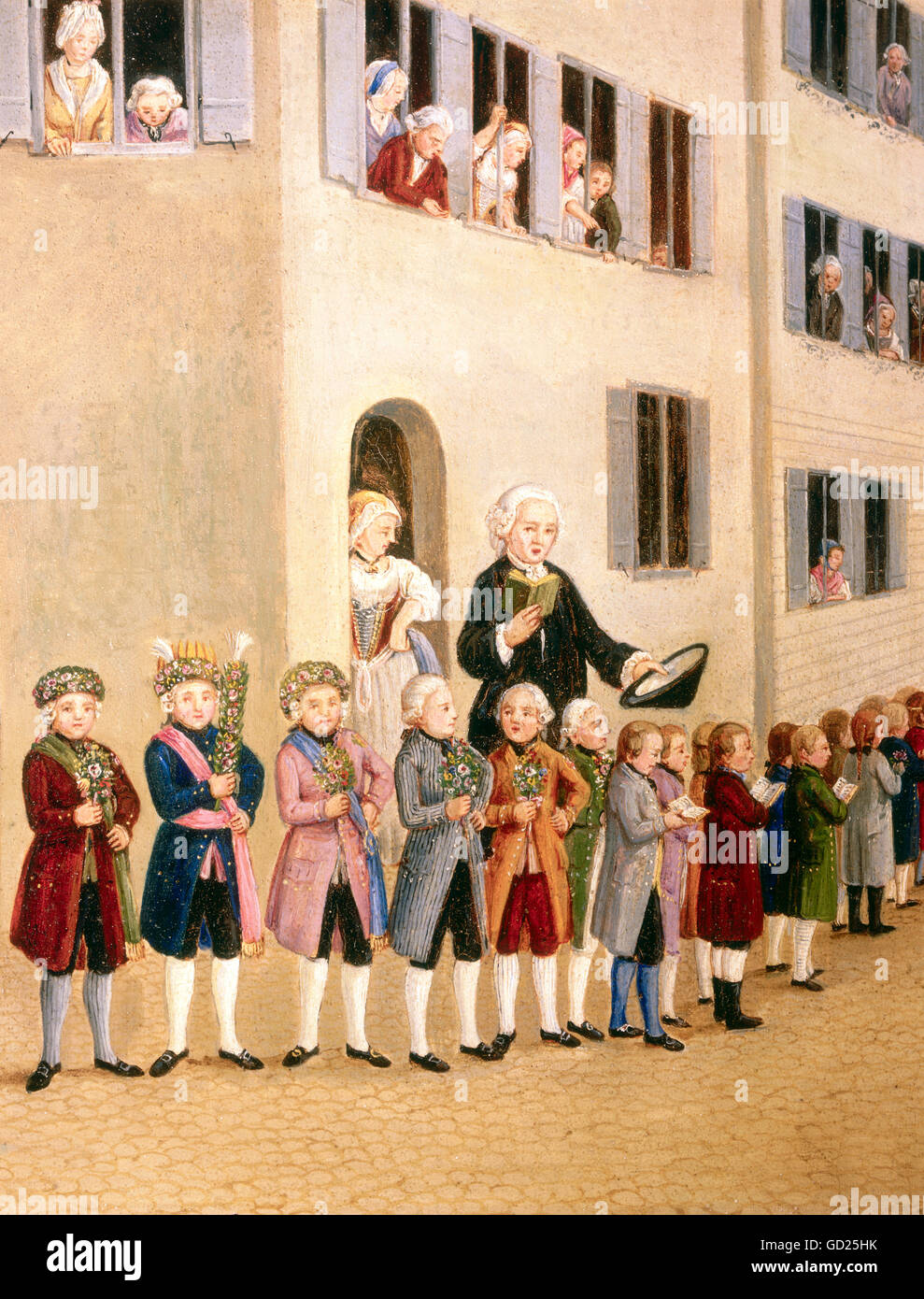 École / éducation, soin des enfants de l'école du garçon, image exacte de la garbe de Memmingen, par Elias Friedrich Kuechlin (1759-1836), huile sur bois, 45,5 x 30,5 cm, XVIIIe siècle, musée municipal de Memmingen, Allemagne, 19e siècle, historique, historique, historique, garçons, célébration, livres, chant, bouquet, bouquet, bouquet de fleurs, bouquets, liveres, très, liveres, Port de la décoration, des jarretelles, des personnes, droits supplémentaires-Clearences-non disponible Banque D'Images