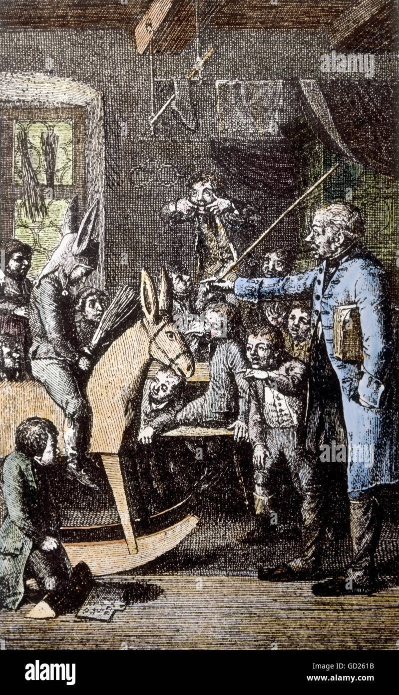 L'éducation, l'école, l'élève est à cheval sur l'âne de honte, deuxième élève est à genoux sur billette triangle, gravure sur cuivre de Johann Baptist Meltenleitner, coloré, vers 1800, l'artiste n'a pas d'auteur pour être effacé Banque D'Images