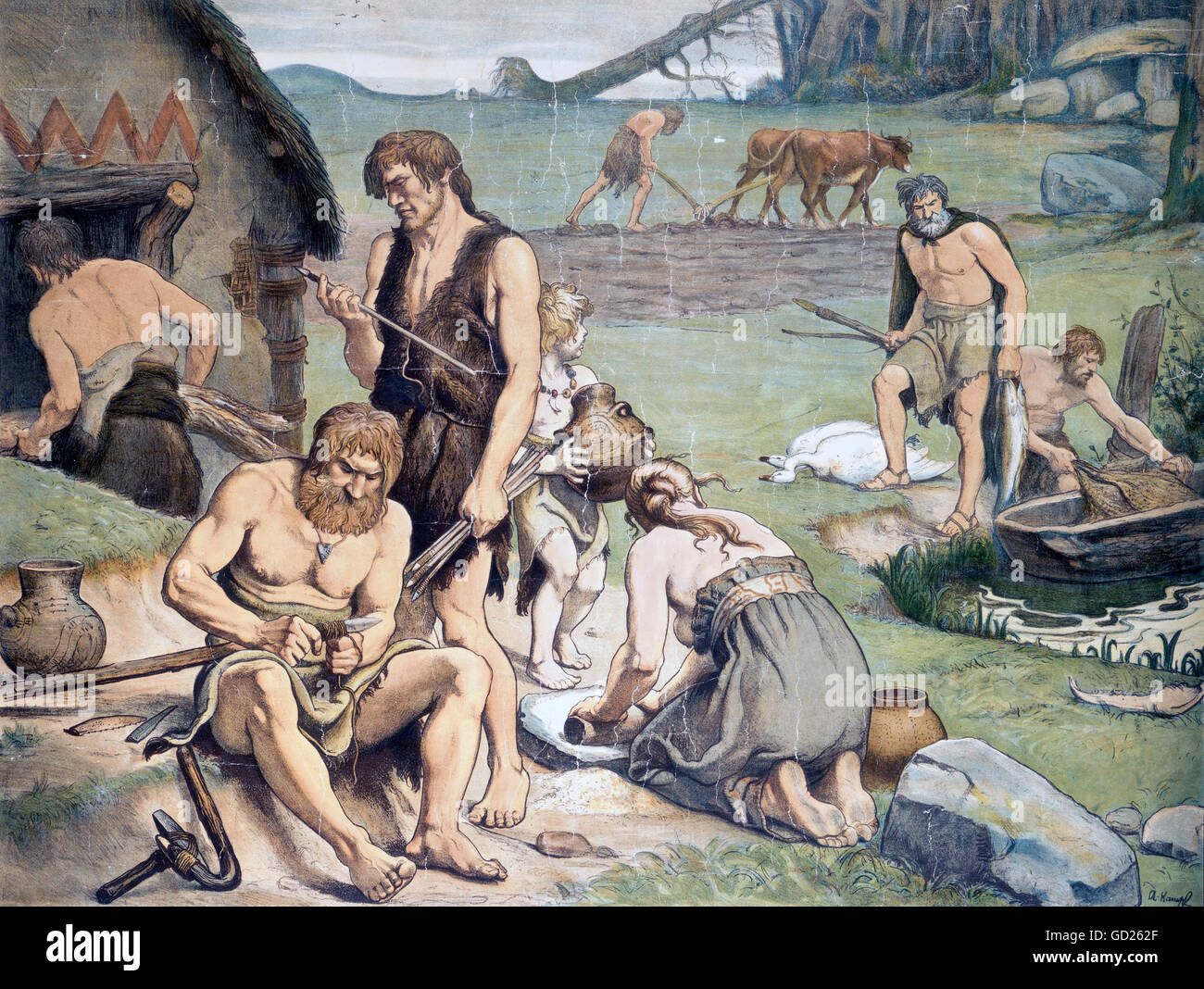 préhistoire, gens/hommes préhistoriques, peuplement dans le néolithique, jeune âge de pierre, après peinture par Arthur Kampf, lithographie, 70 x 92 cm, F. E. Wachsmuth, Leipzig, vers 1900, droits additionnels-Clearences-non disponible Banque D'Images
